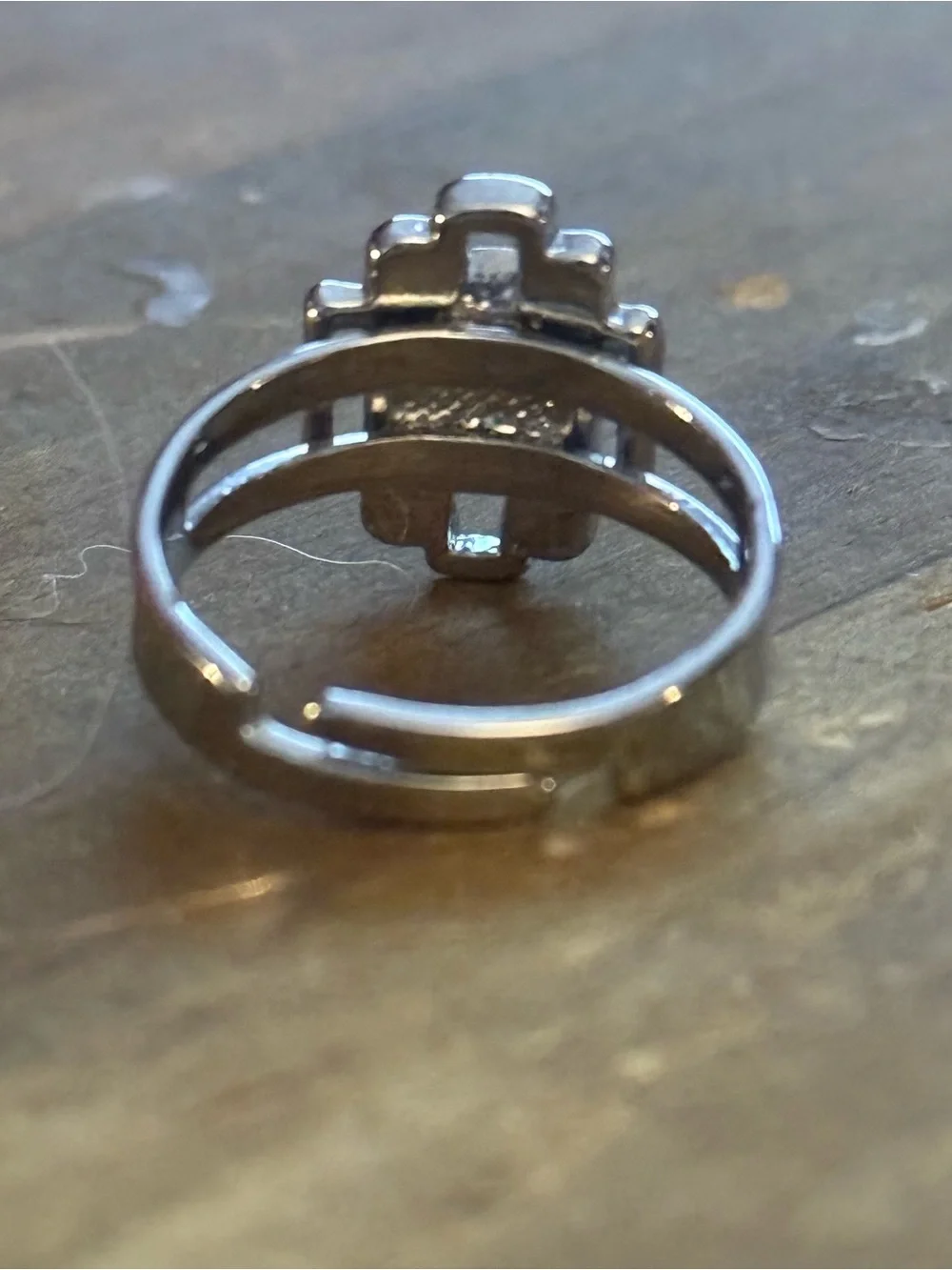 Vintage silver tone geometric glitter cabochon stone ring